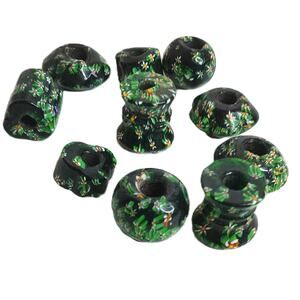 Vtg Indian Lampwork Glass Floral Beads Chunky Large Black Focal Bicone Set 10